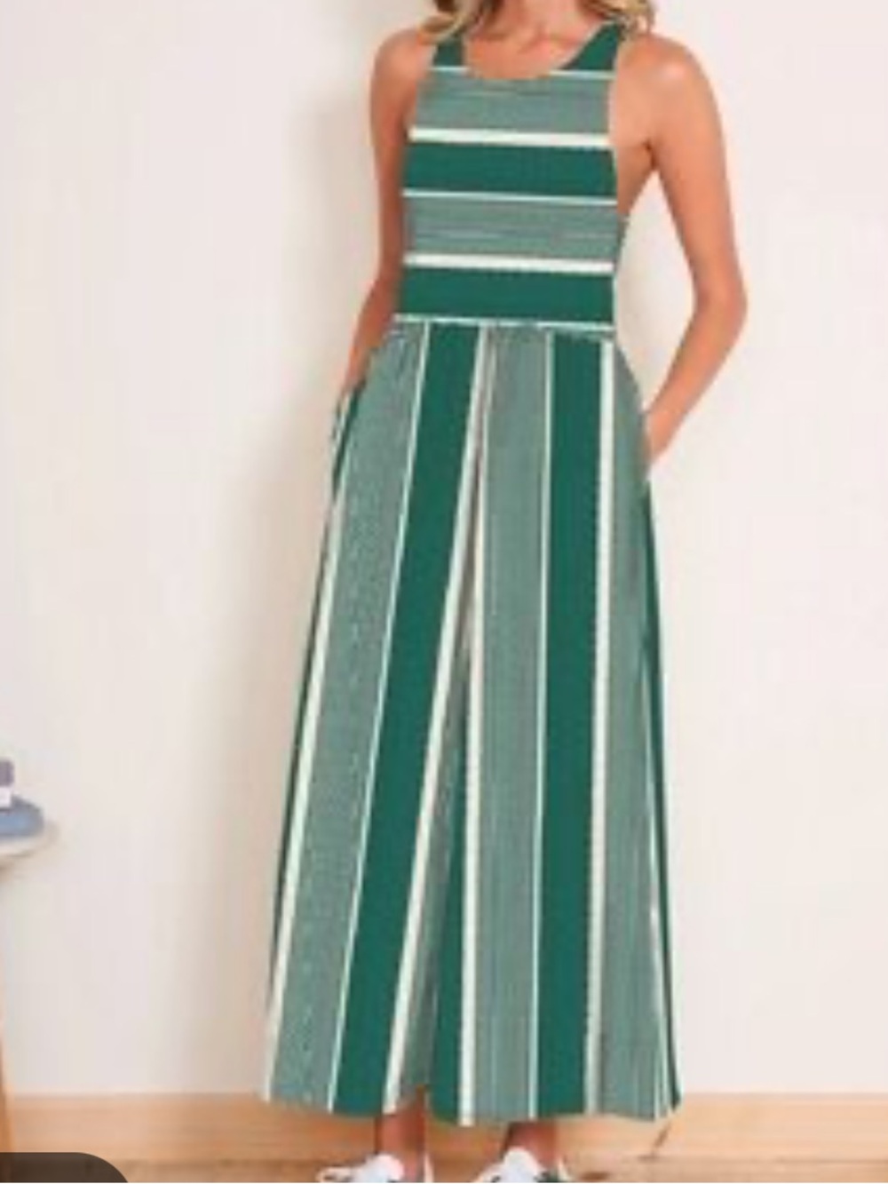 DRA Dress Womens XS Green Stripe Tank Maxi Knit Pockets Sleeveless Summer